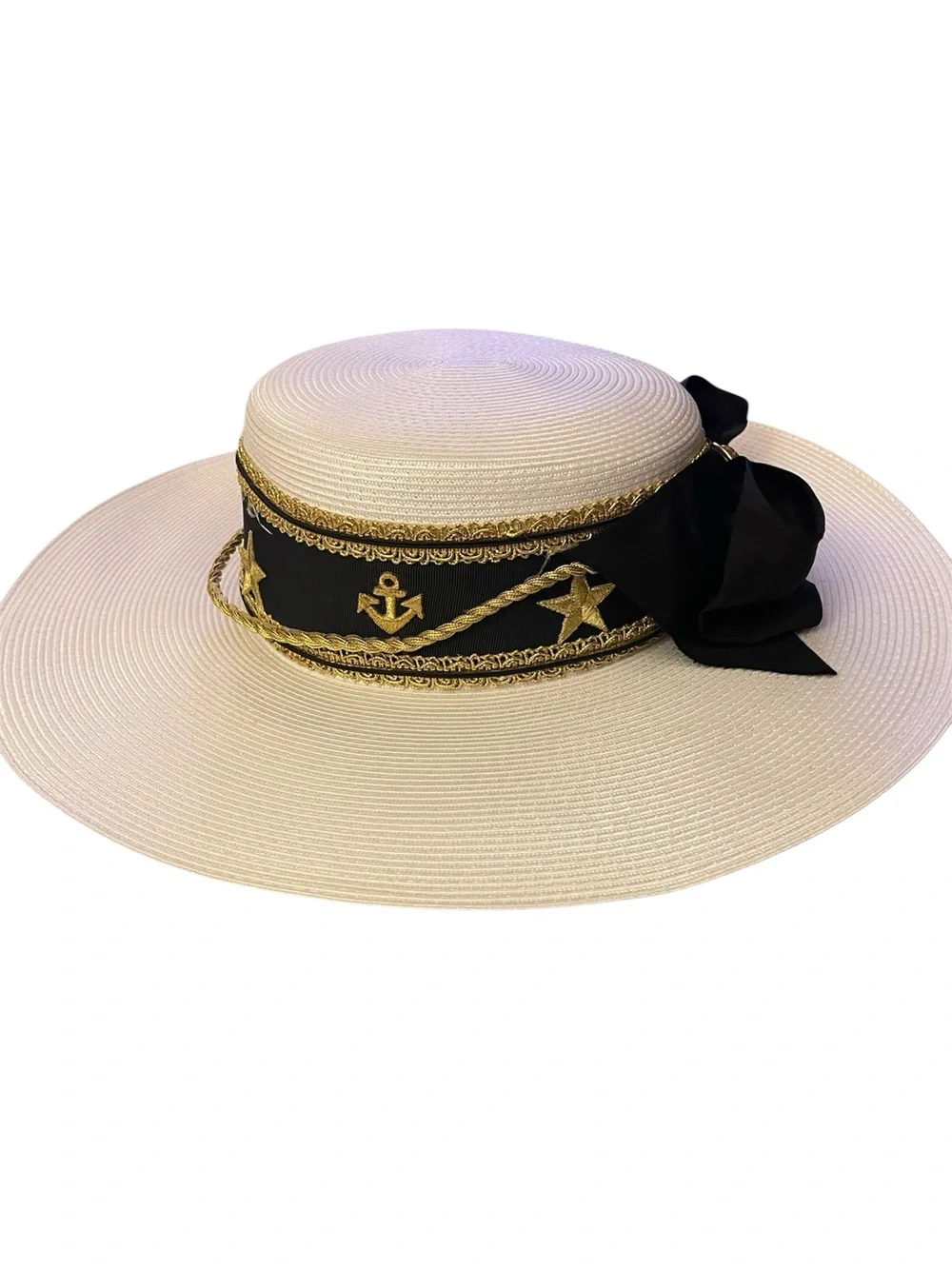 Woman's Hat Nautical Wide Brim Whittall Shon Gold Anchors Yachters Boaters